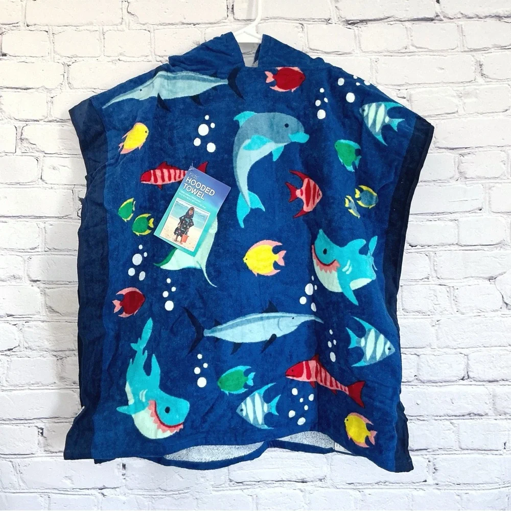 New Hood Beach Towel Sea Party Fish Sharks Dolphins Blue 24x48 Wearable